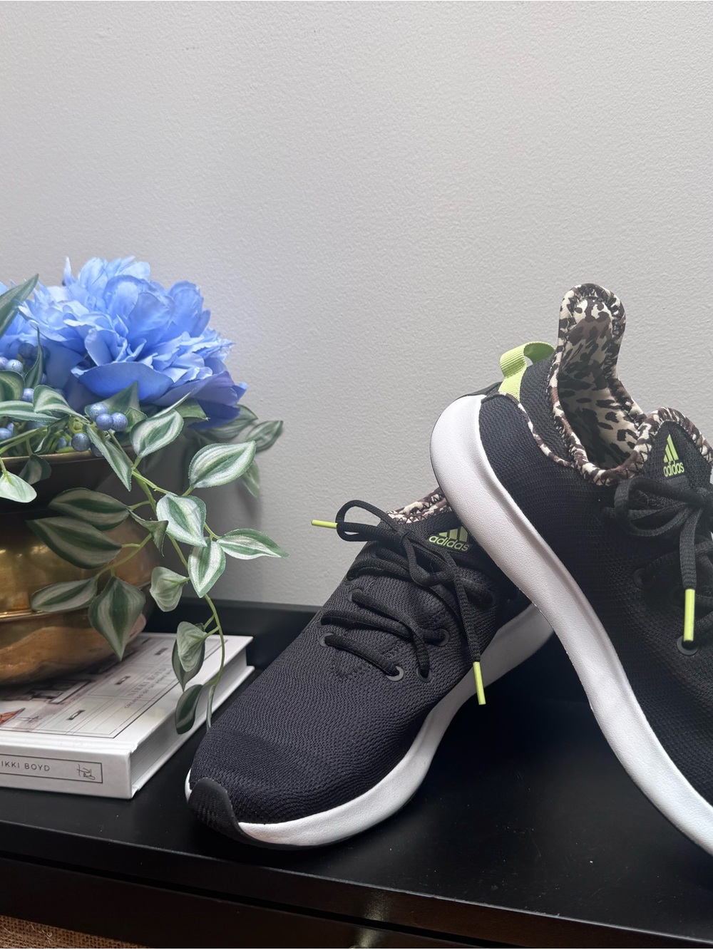 adidas Women’s Black Sneakers with Neon Yellow Accents and Leopard Collar